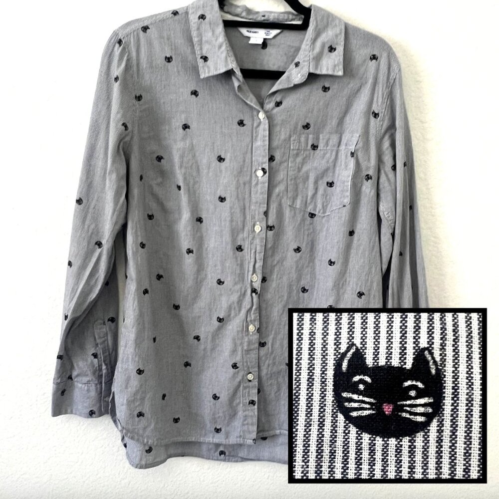 Old Navy Sz L Button Up Shirt Cat Novelty Print White Black‎ The Classic Cotton